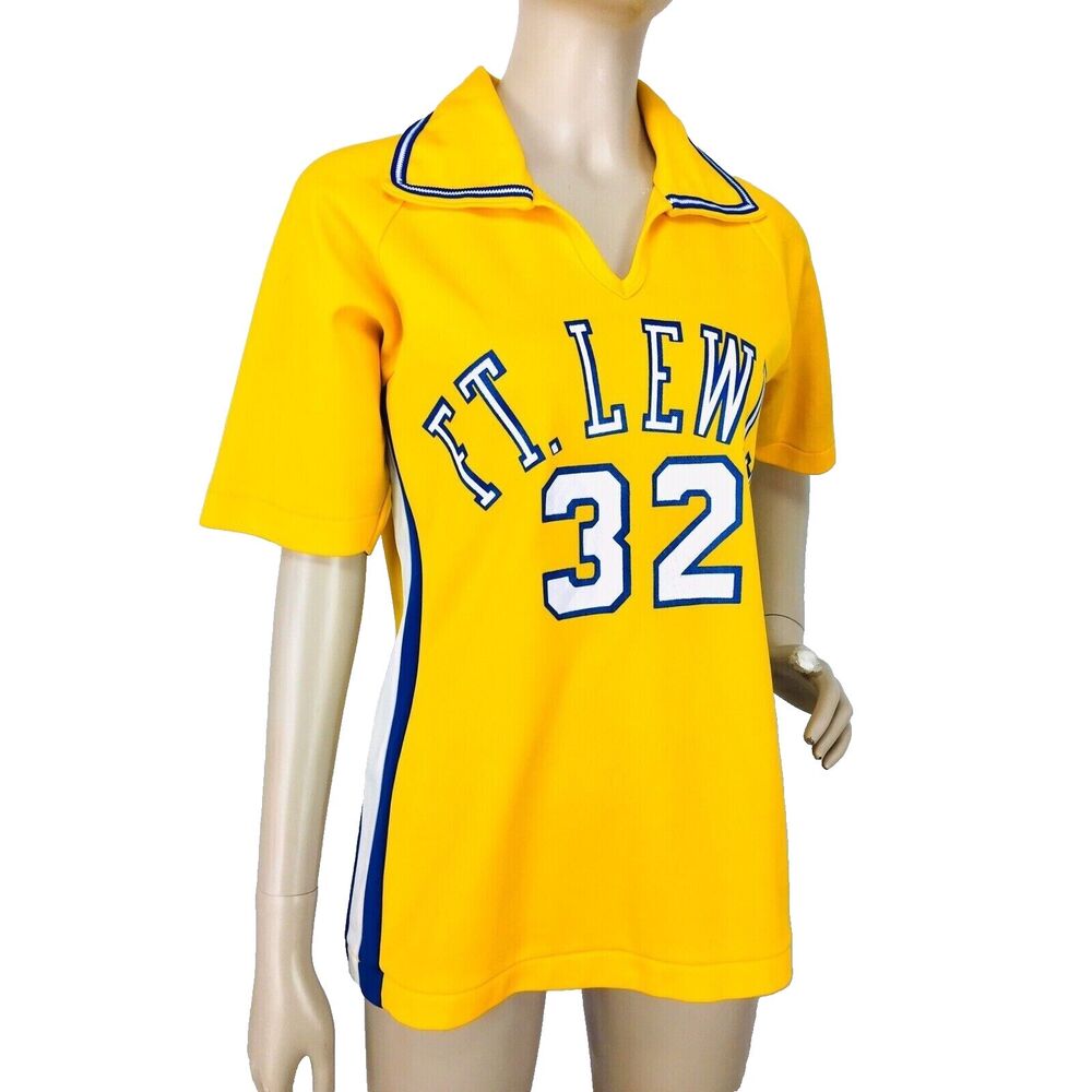 Vintage 70s Lady CHAMPION Ft. Lewis College #32 Yellow Blue Polo Shirt M/L USA
